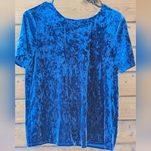 Beach Lunch Lounge Blue Crushed Velvet Top Blouse Size M Short Sleeve Ribbon Tie